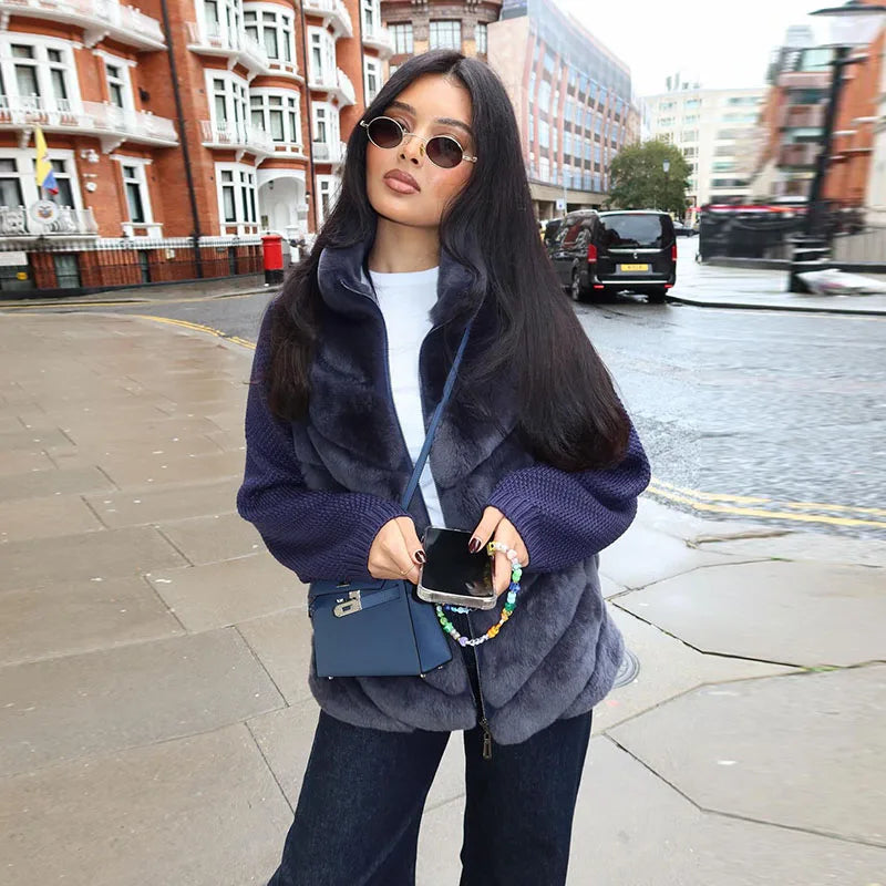 Faux Fur Coat knitted sleeves