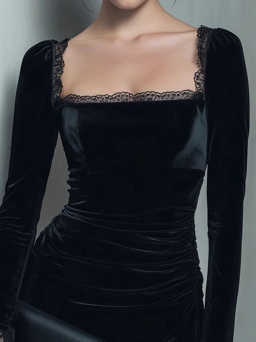 Elegant Lace Trim Split Midi Dress